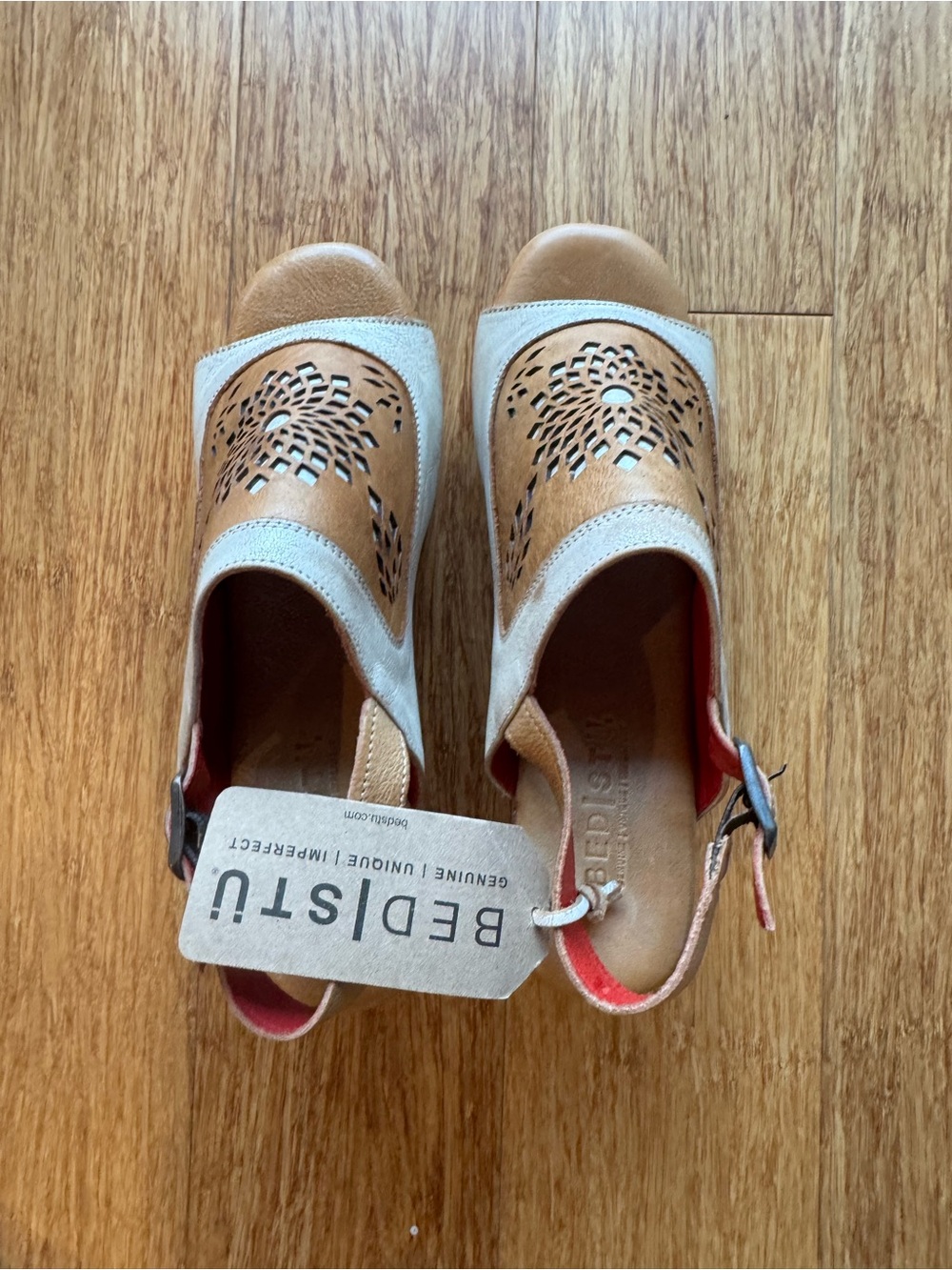 Bed Stu Jinkie Tan and Cream Laser-Cut Slingback Sandals